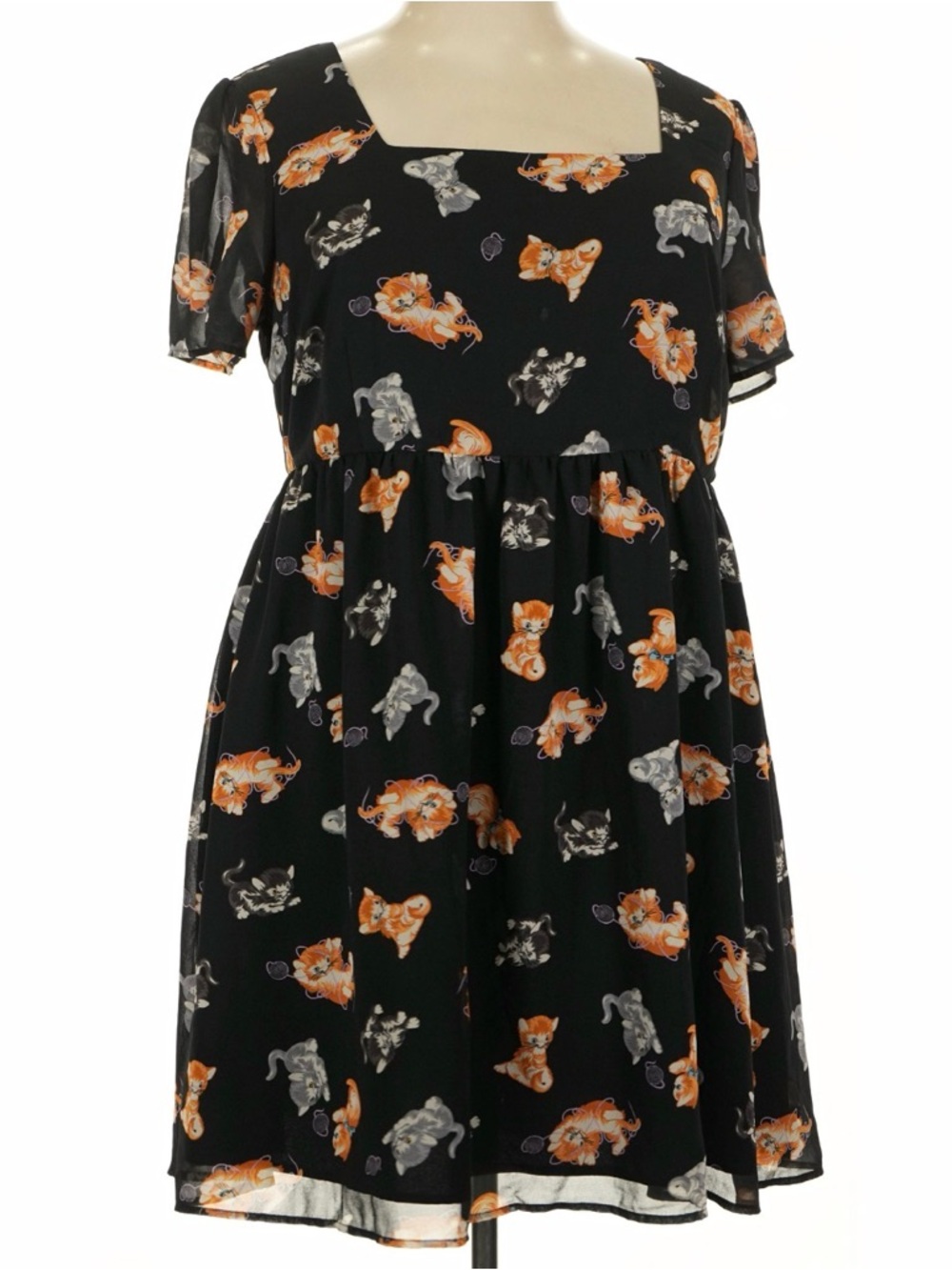 Dangerfield Black Short Sleeve Dress with Orange & Gray Cat Print